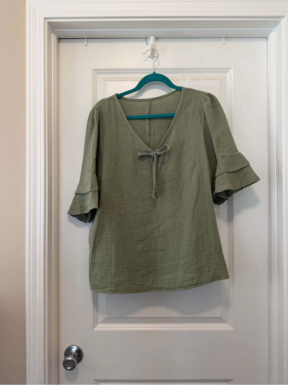 SHEIN Sage Green Tie-Front Ruffle Sleeve Blouse
